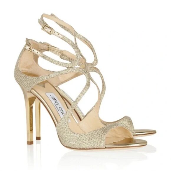 JIMMY CHOO Strappy Gold Lame Glitter Heel EU42 US10-11 - Picture 1 of 8